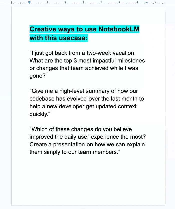 Published prompt document with NotebookLM questions about team milestones, project changes, and user experience.